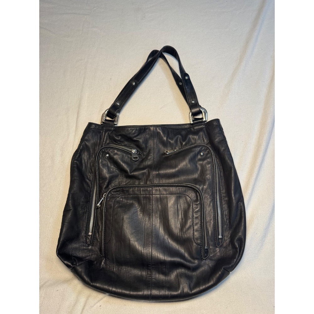 Perlina Black Leather Multi Pocket Utility Shoulder Bag Leopard Lining Hobo
